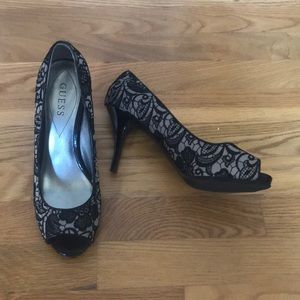 Guess black lace and tan heels